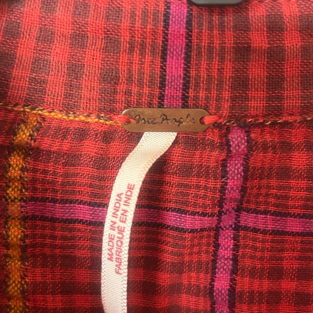 Free People Break My Stride Plaid Button Down Shirt, Red, Metallic Stripe Small - Picture 2 of 8